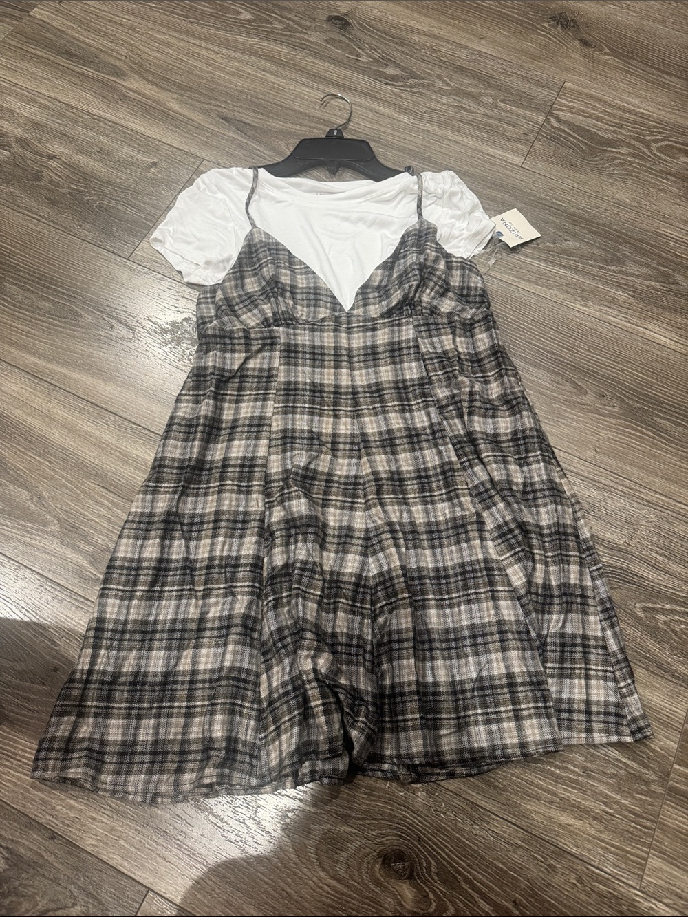 NWT Arizona Jean Company White Tee Layered Plaid Slip Dress